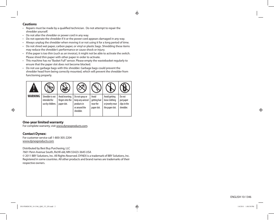Dynex 8-SHEET DIAMOND SHREDDER DX-PS08DC09 User Manual | Page 2 / 2