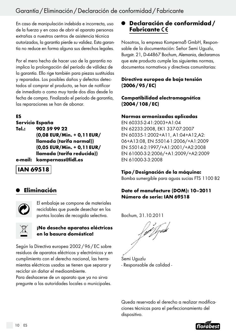 Indice, Eliminación, Declaración de conformidad / fabricante | Florabest FTS 1100 B2 User Manual | Page 10 / 38