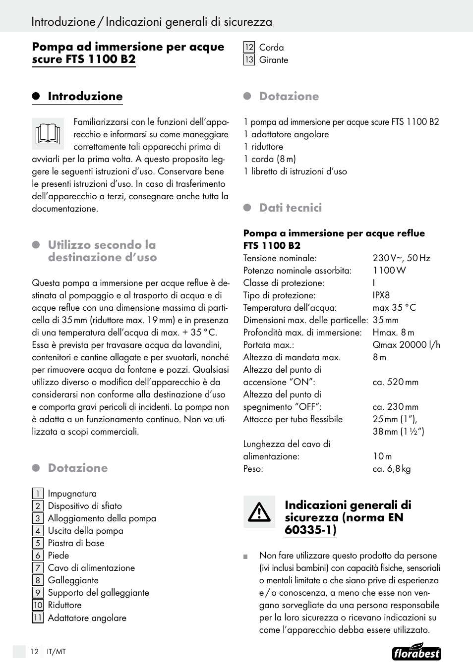 Utilizzo secondo la destinazione d’uso, Dotazione, Dati tecnici | Florabest FTS 1100 B2 User Manual | Page 12 / 38