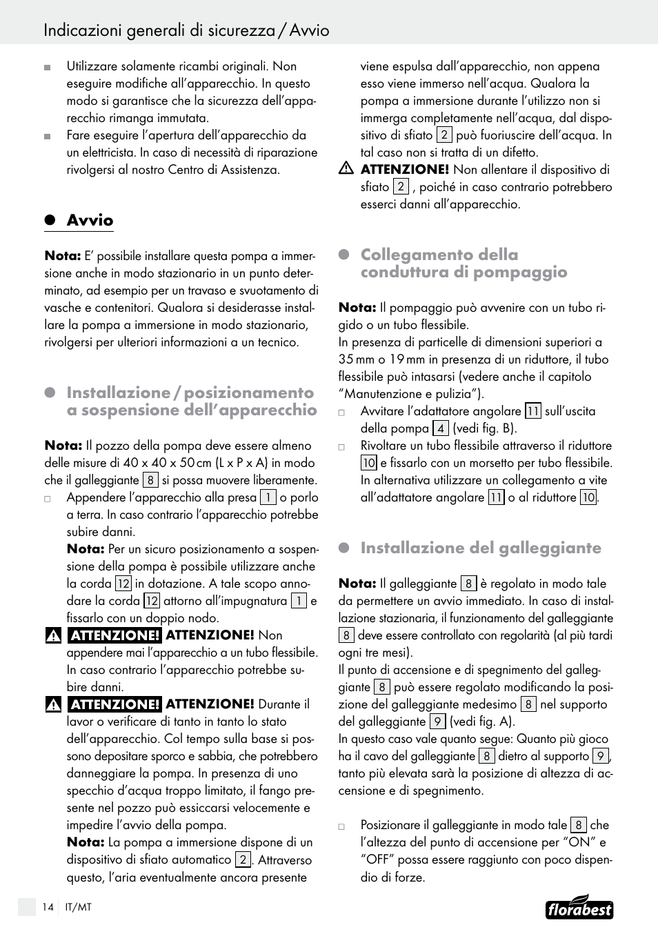 Avvio, Collegamento della conduttura di pompaggio, Installazione del galleggiante | Florabest FTS 1100 B2 User Manual | Page 14 / 38