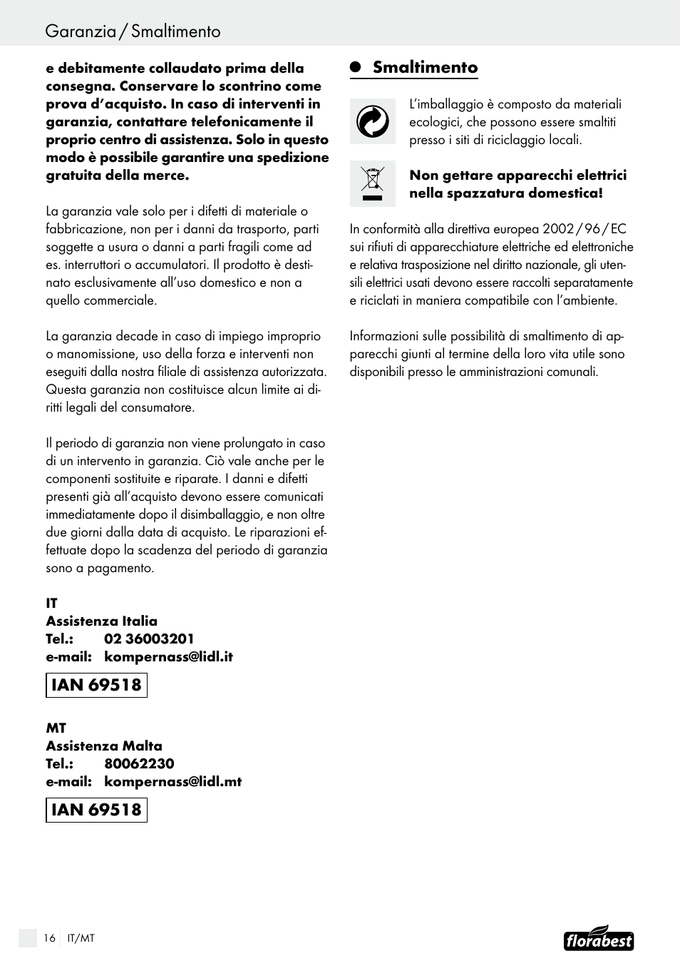 Dichiarazione di conformità / fabbricante, Garanzia / smaltimento, Smaltimento | Florabest FTS 1100 B2 User Manual | Page 16 / 38