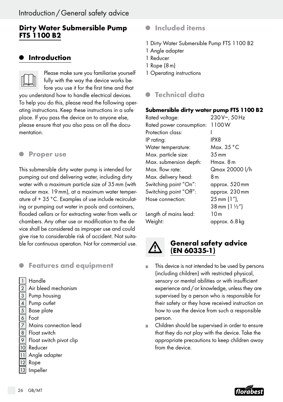 Proper use, Features and equipment, Included items | Technical data | Florabest FTS 1100 B2 User Manual | Page 26 / 38