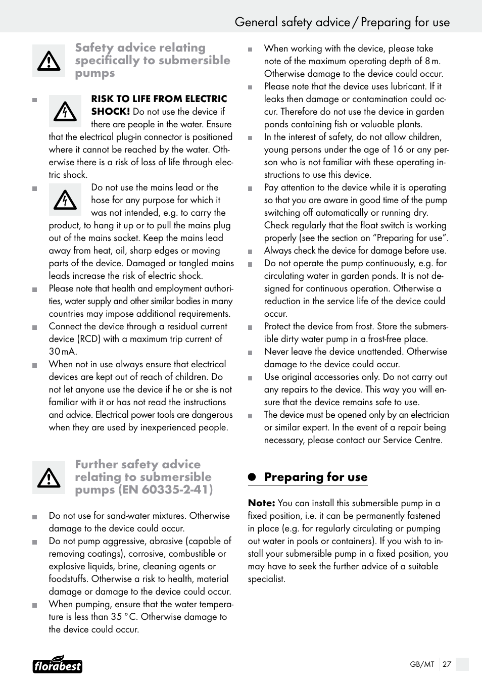 General safety advice / preparing for use, Preparing for use | Florabest FTS 1100 B2 User Manual | Page 27 / 38