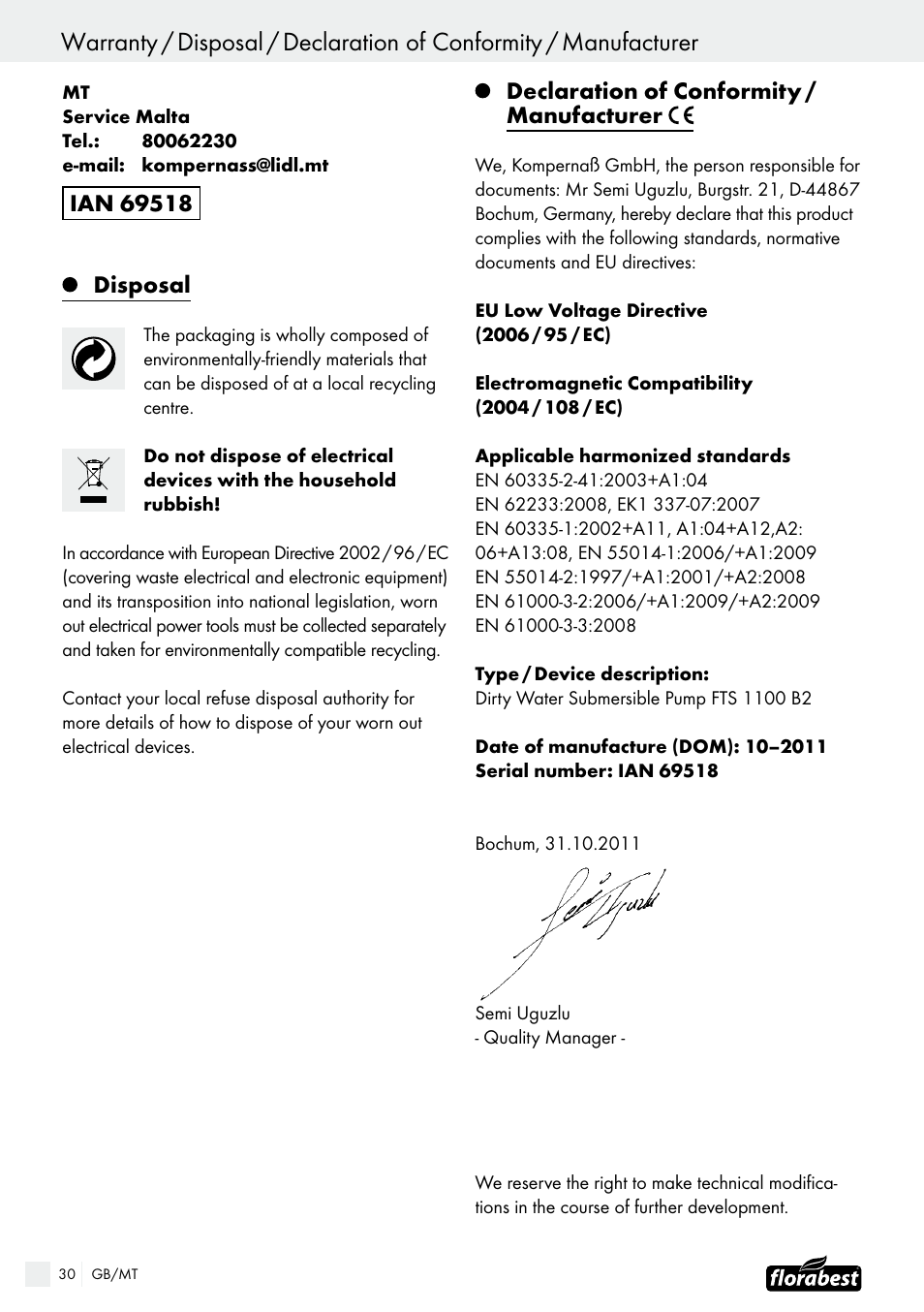 Declaration of conformity / manufacturer | Florabest FTS 1100 B2 User Manual | Page 30 / 38