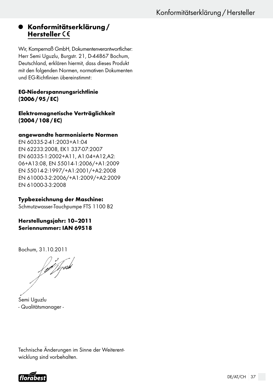 Konformitätserklärung / hersteller | Florabest FTS 1100 B2 User Manual | Page 37 / 38