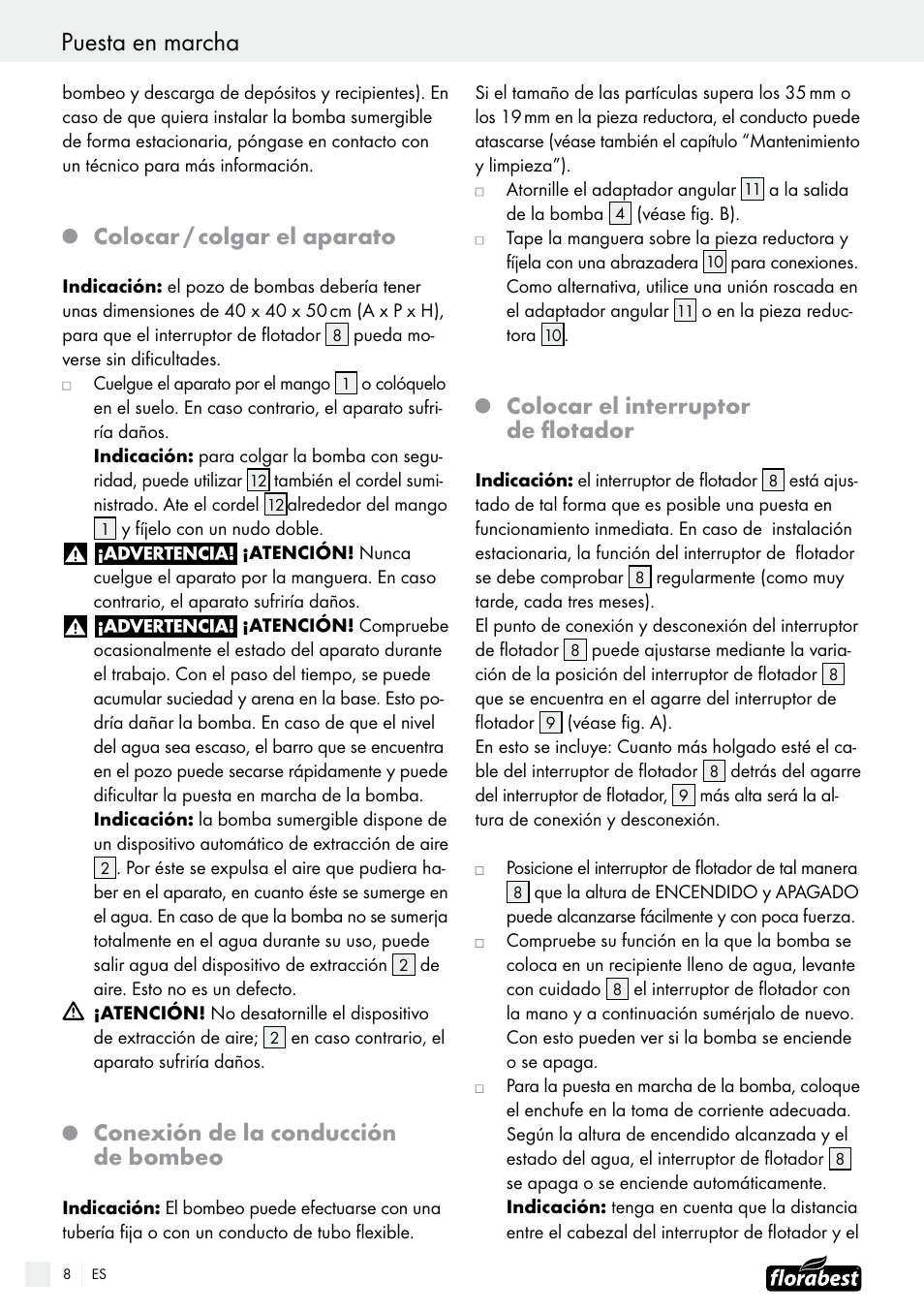 Colocar / colgar el aparato, Conexión de la conducción de bombeo, Colocar el interruptor de flotador | Florabest FTS 1100 B2 User Manual | Page 8 / 38