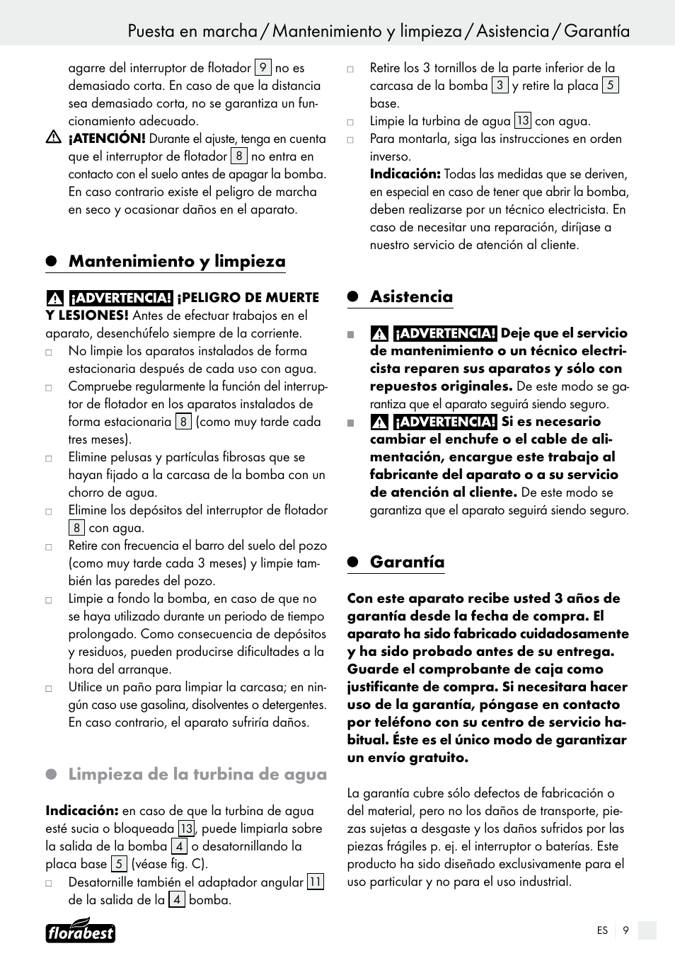 Mantenimiento y limpieza, Limpieza de la turbina de agua, Asistencia | Garantía | Florabest FTS 1100 B2 User Manual | Page 9 / 38