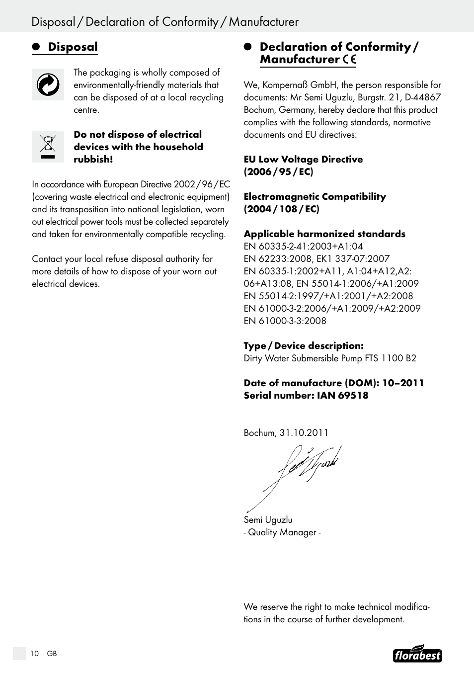 Disposal, Declaration of conformity / manufacturer | Florabest FTS 1100 B2 User Manual | Page 10 / 50