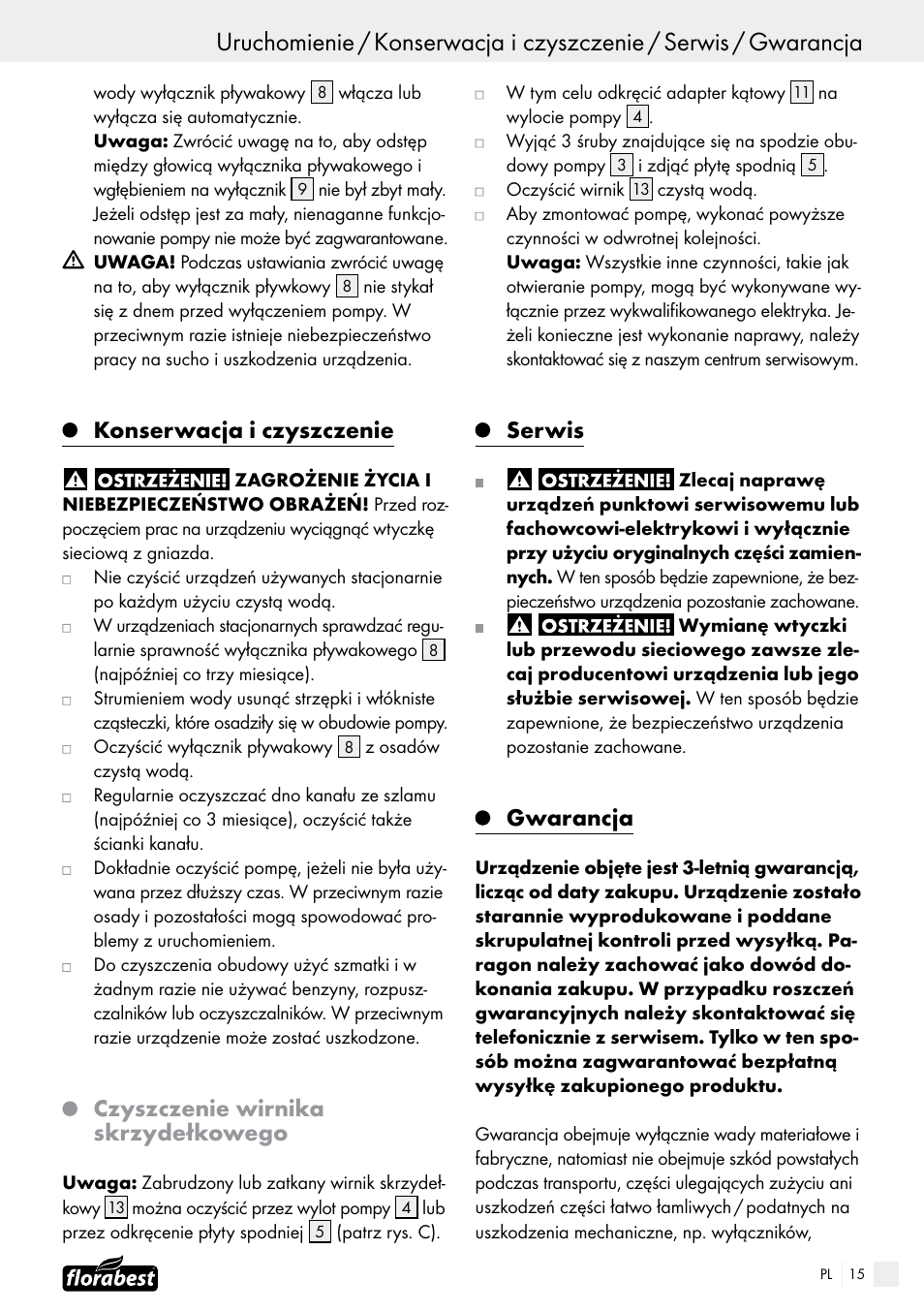 Konserwacja i czyszczenie, Czyszczenie wirnika skrzydełkowego, Serwis | Gwarancja | Florabest FTS 1100 B2 User Manual | Page 15 / 50