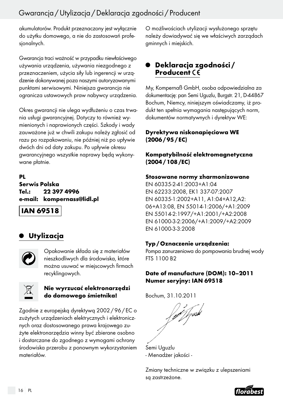 Tartalomjegyzék, Utylizacja, Deklaracja zgodności / producent | Florabest FTS 1100 B2 User Manual | Page 16 / 50