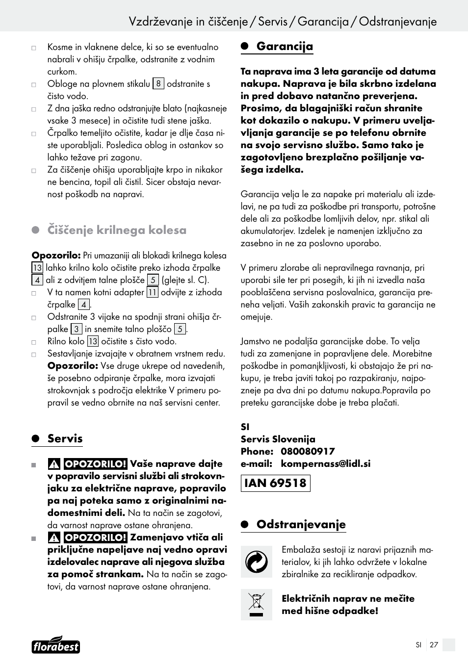 Čiščenje krilnega kolesa, Servis, Garancija | Florabest FTS 1100 B2 User Manual | Page 27 / 50