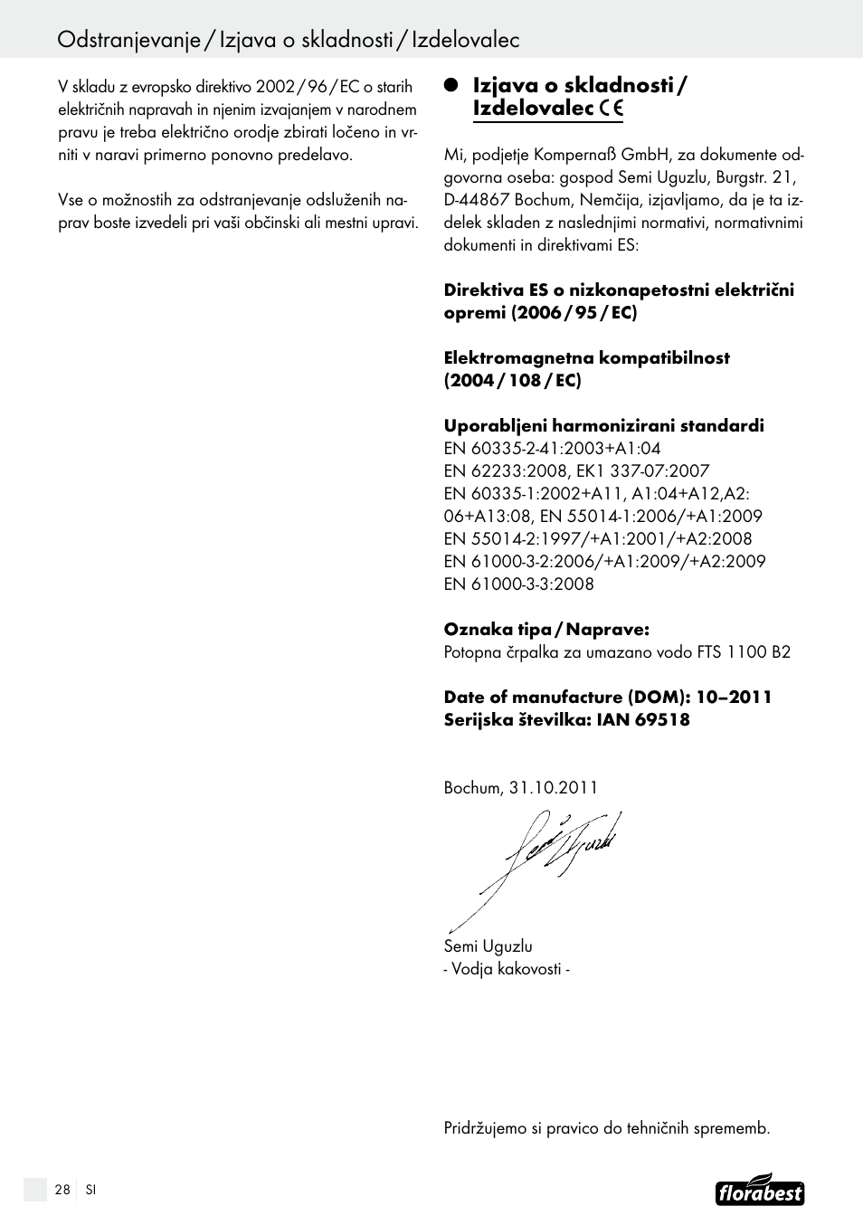 Izjava o skladnosti / izdelovalec | Florabest FTS 1100 B2 User Manual | Page 28 / 50