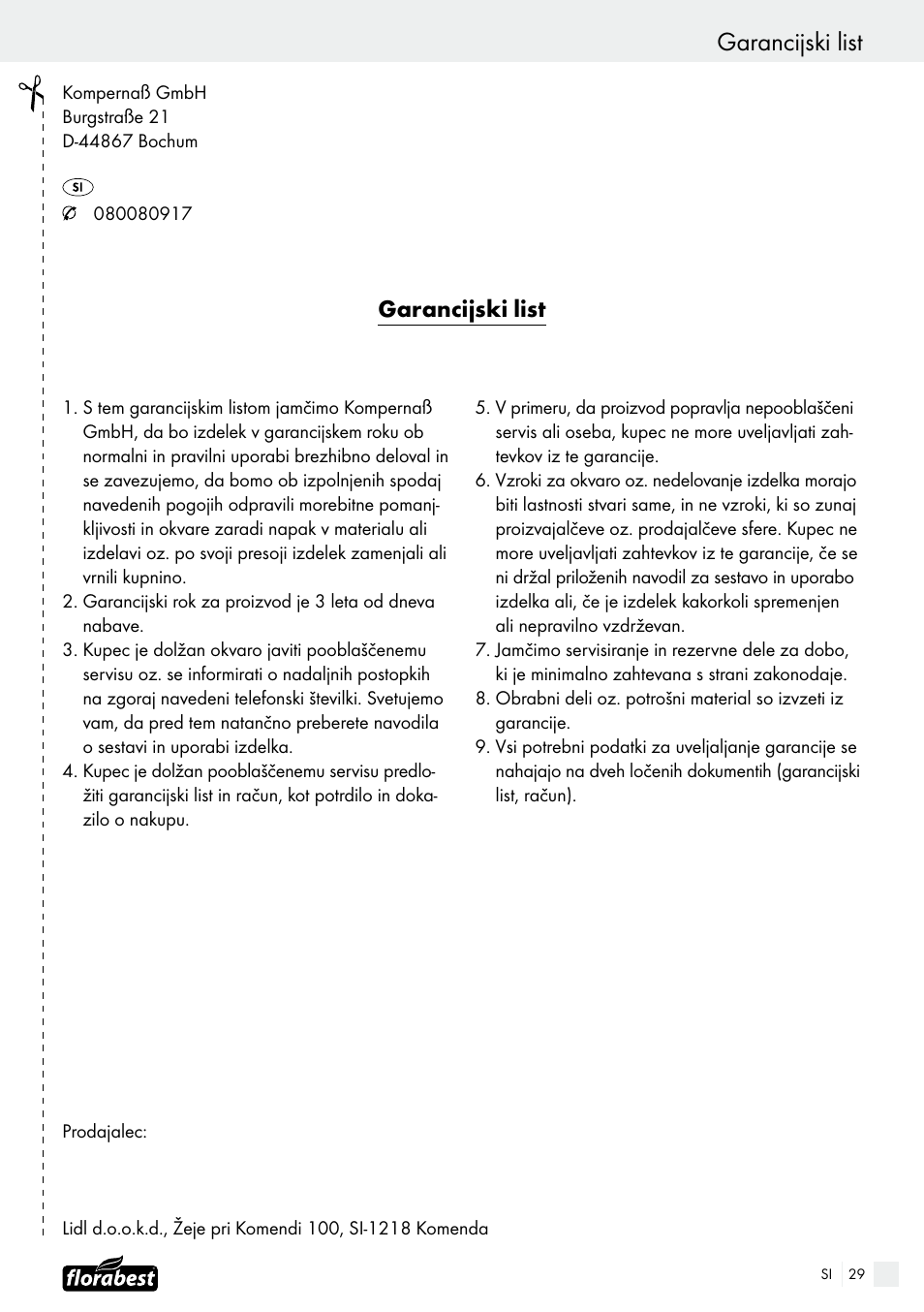 Garancijski list | Florabest FTS 1100 B2 User Manual | Page 29 / 50