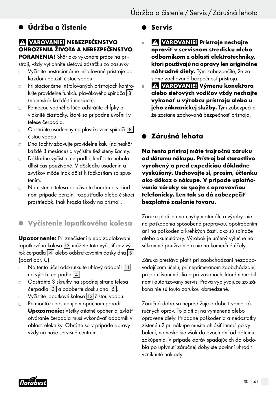 Údržba a čistenie / servis / záruśná lehota, Údržba a čistenie, Vyčistenie lopatkového kolesa | Servis, Záruśná lehota | Florabest FTS 1100 B2 User Manual | Page 41 / 50