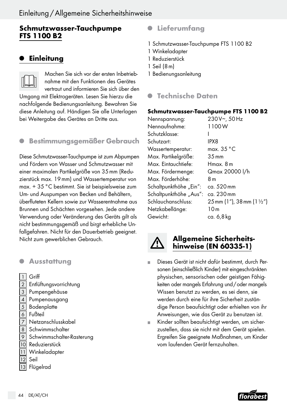Bestimmungsgemäßer gebrauch, Ausstattung, Lieferumfang | Technische daten | Florabest FTS 1100 B2 User Manual | Page 44 / 50