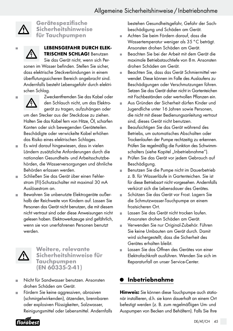 Inbetriebnahme | Florabest FTS 1100 B2 User Manual | Page 45 / 50