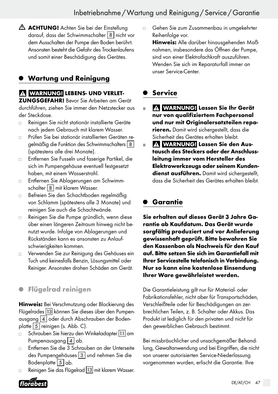 Wartung und reinigung, Flügelrad reinigen, Service | Garantie | Florabest FTS 1100 B2 User Manual | Page 47 / 50