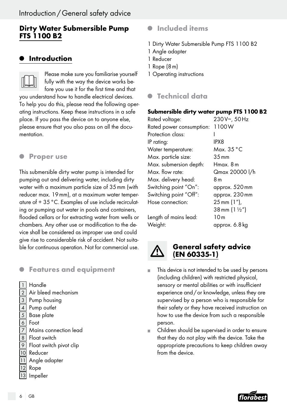 Proper use, Features and equipment, Included items | Technical data | Florabest FTS 1100 B2 User Manual | Page 6 / 50