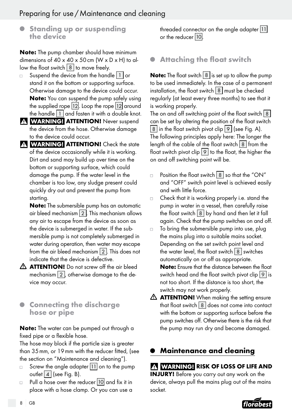 Standing up or suspending the device, Connecting the discharge hose or pipe, Attaching the float switch | Maintenance and cleaning | Florabest FTS 1100 B2 User Manual | Page 8 / 50