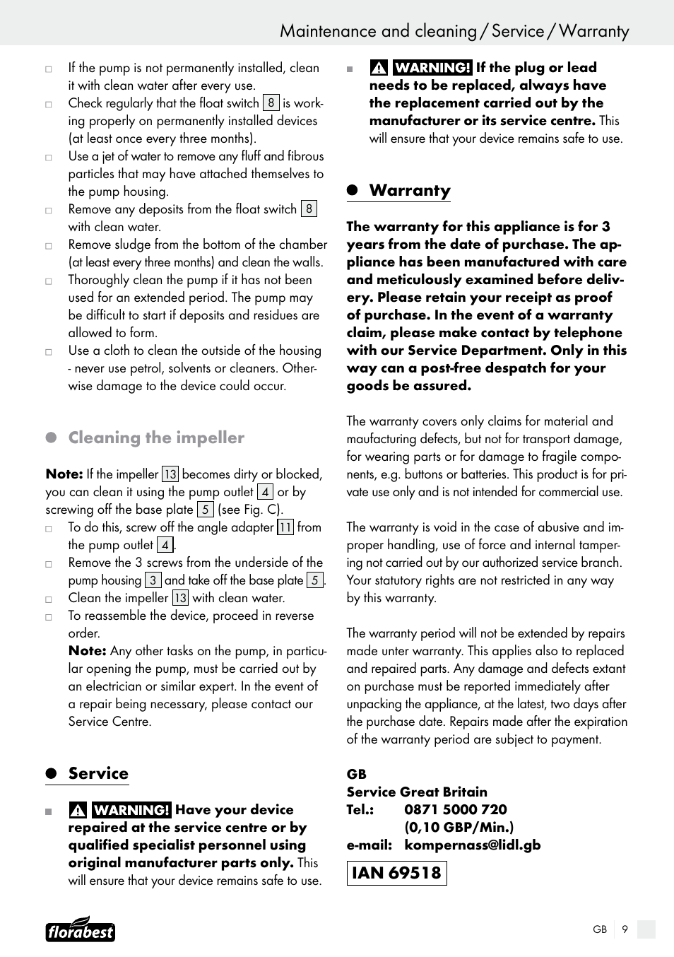Maintenance and cleaning / service / warranty, Cleaning the impeller, Service | Warranty | Florabest FTS 1100 B2 User Manual | Page 9 / 50
