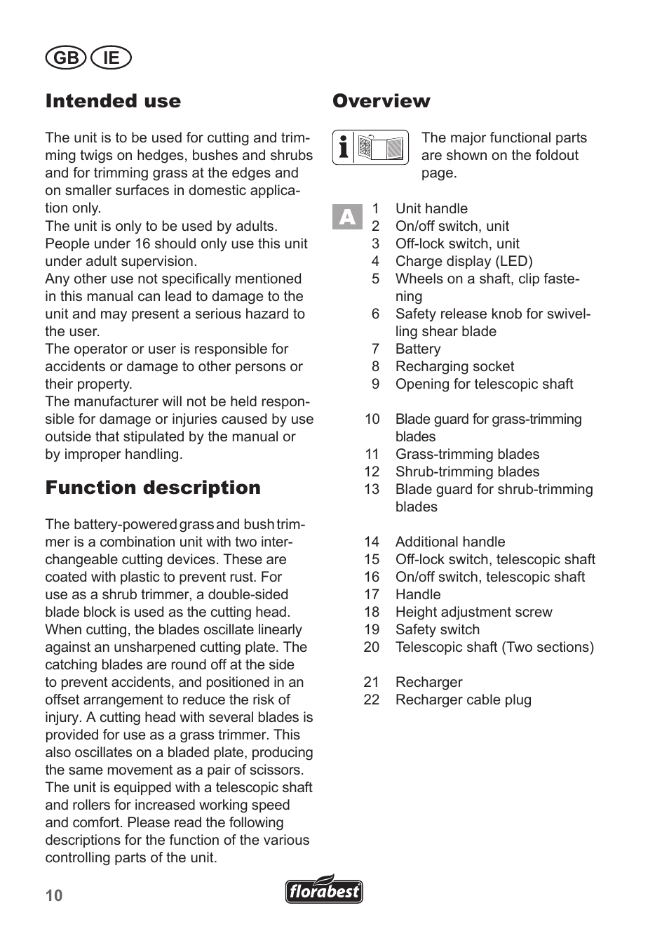 Intended use, Function description, Overview | Gb ie | Florabest FGS 10 A1 User Manual | Page 10 / 18