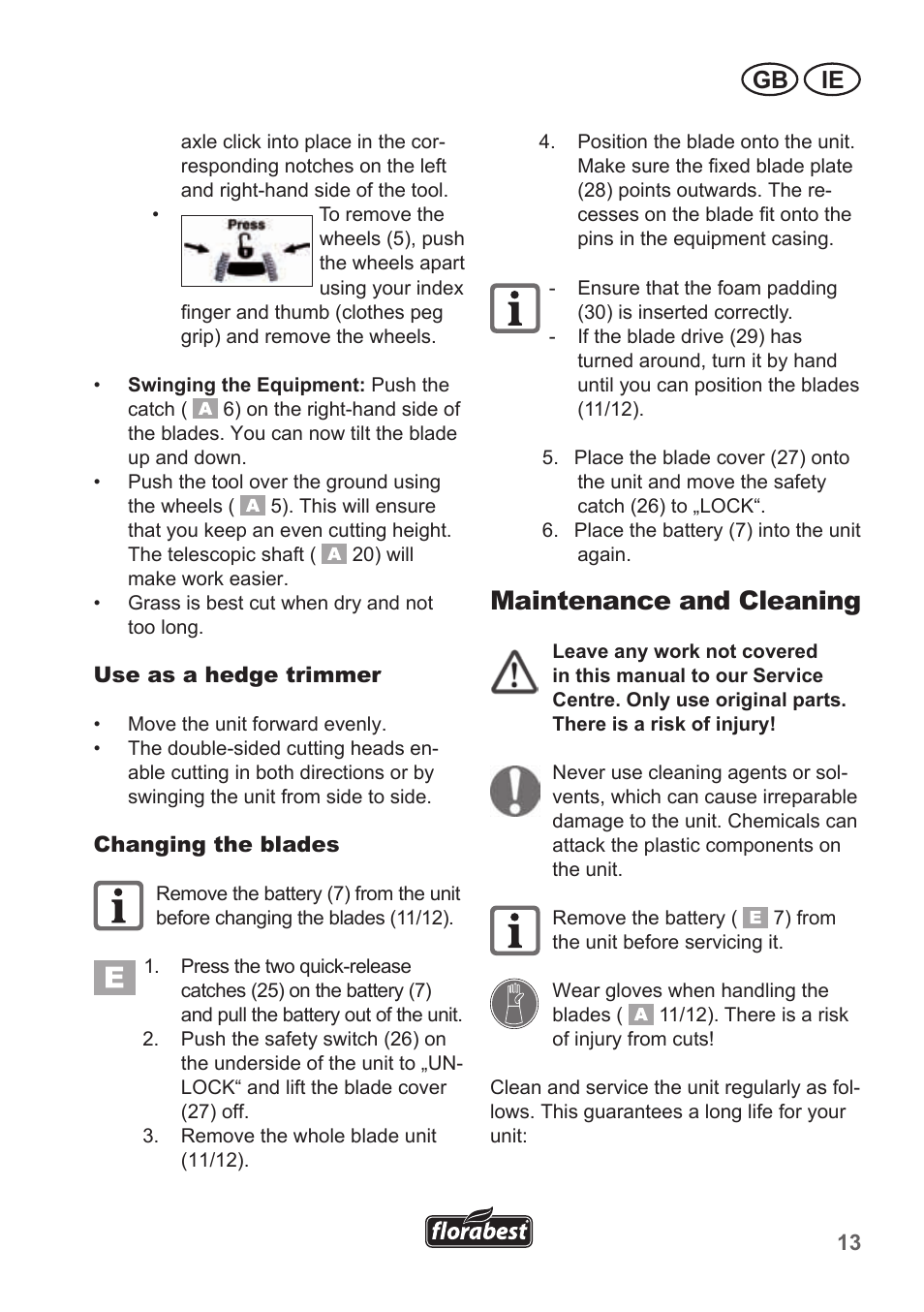 Maintenance and cleaning, Gb ie | Florabest FGS 10 A1 User Manual | Page 13 / 18