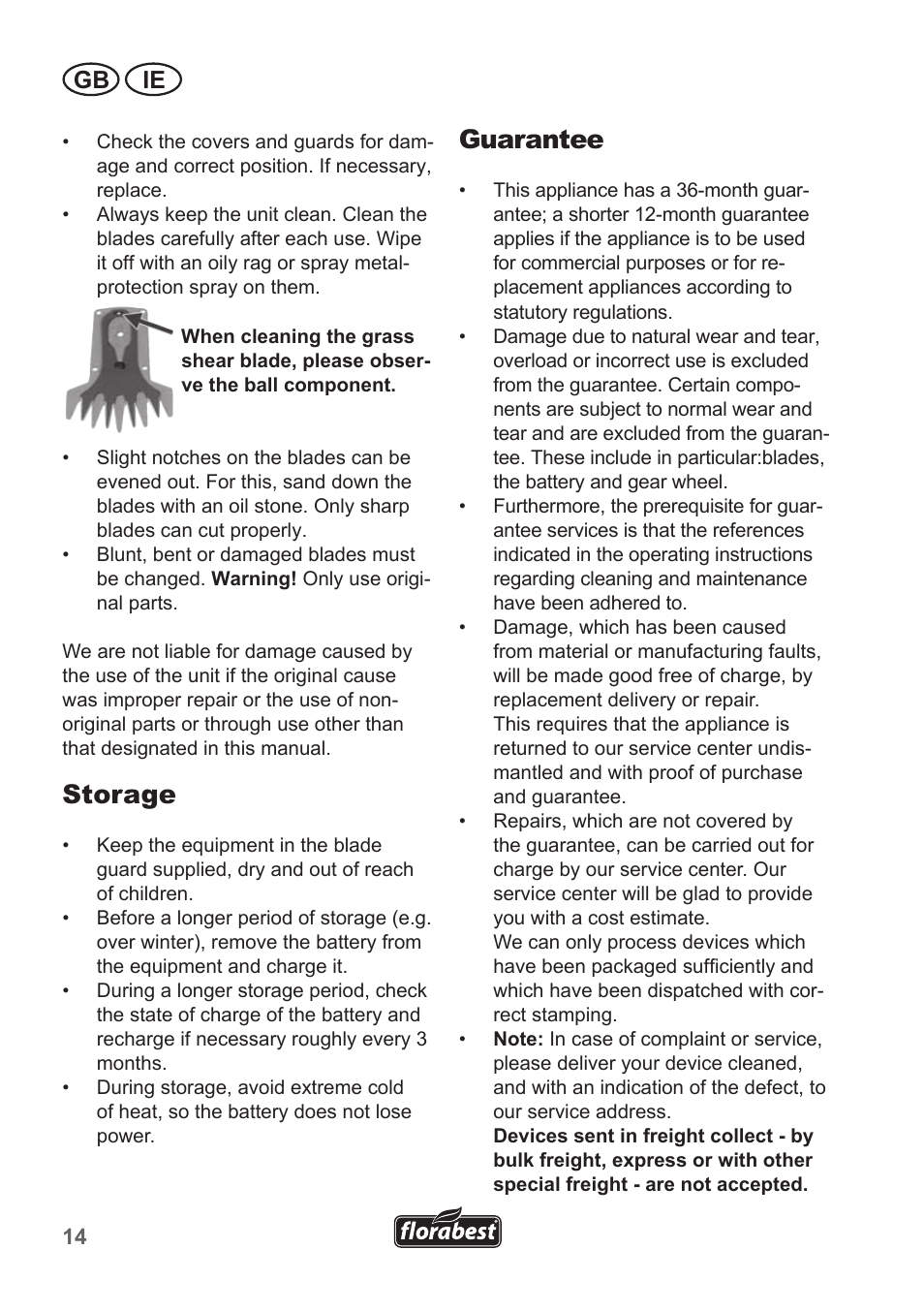 Storage, Guarantee, Gb ie | Florabest FGS 10 A1 User Manual | Page 14 / 18
