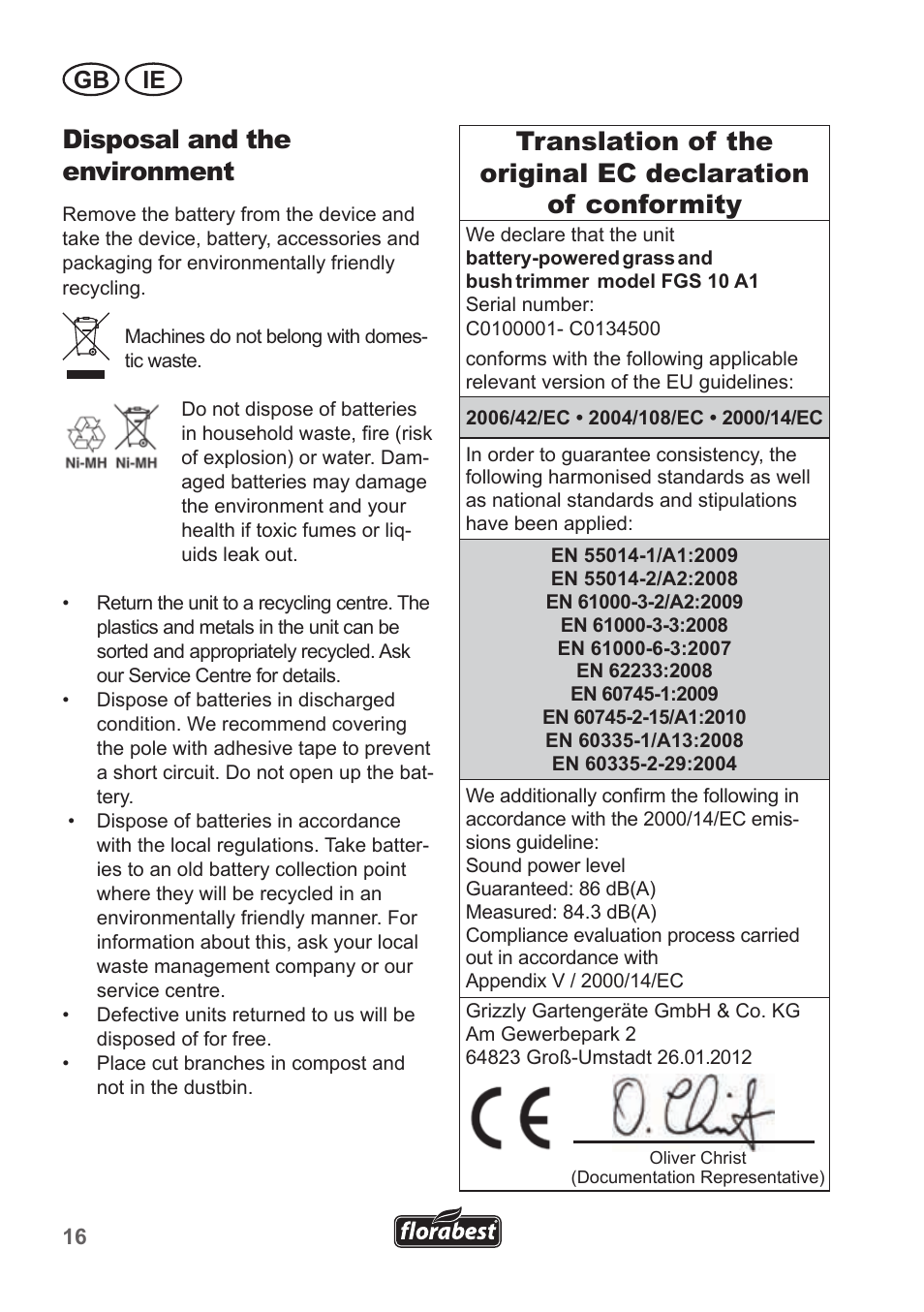 Disposal and the environment, Gb ie | Florabest FGS 10 A1 User Manual | Page 16 / 18
