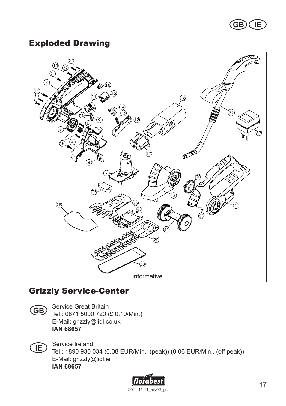 Exploded drawing, Grizzly service-center, Gb ie | Florabest FGS 10 A1 User Manual | Page 17 / 18