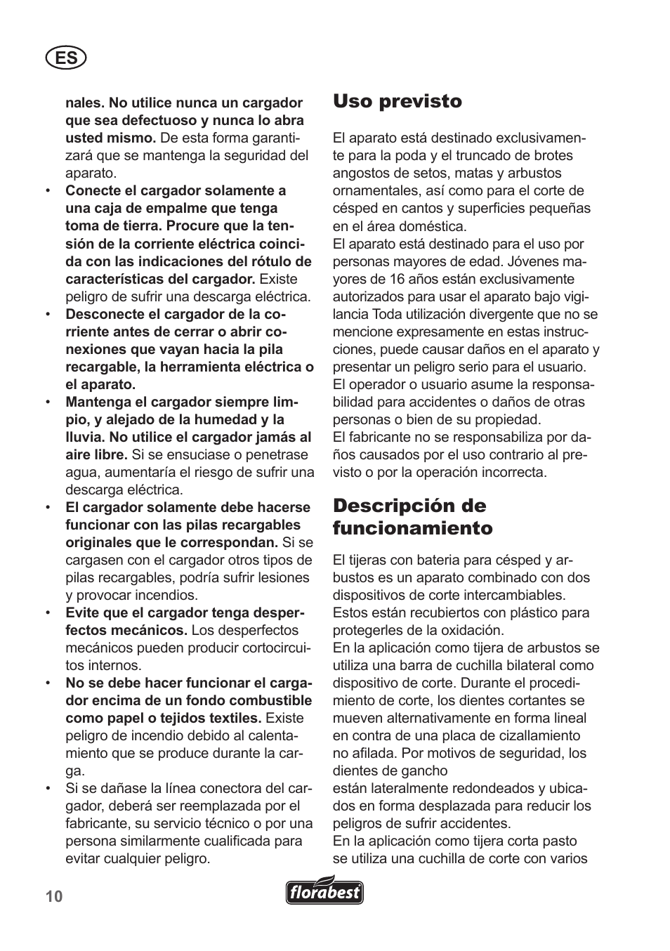 Uso previsto, Descripción de funcionamiento | Florabest FGS 10 A1 User Manual | Page 10 / 78