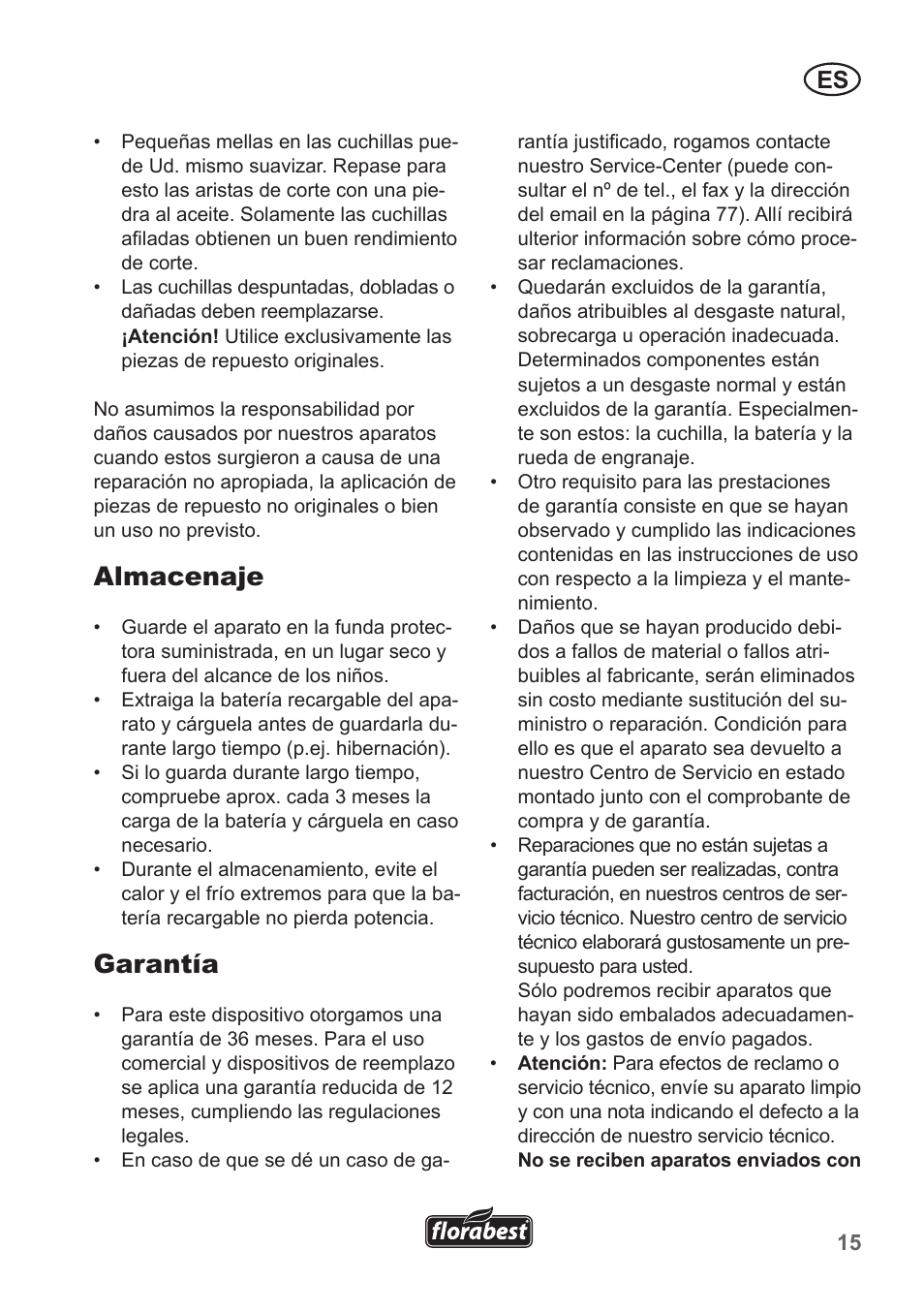 Almacenaje, Garantía | Florabest FGS 10 A1 User Manual | Page 15 / 78