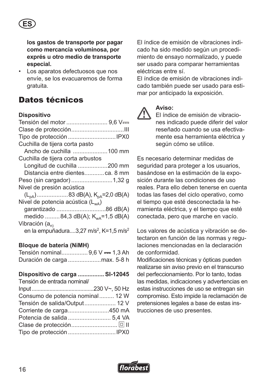Datos técnicos | Florabest FGS 10 A1 User Manual | Page 16 / 78