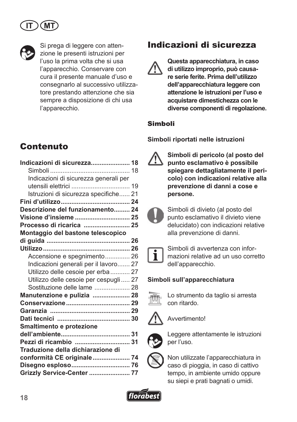 Indicazioni di sicurezza, Contenuto, It mt | Florabest FGS 10 A1 User Manual | Page 18 / 78