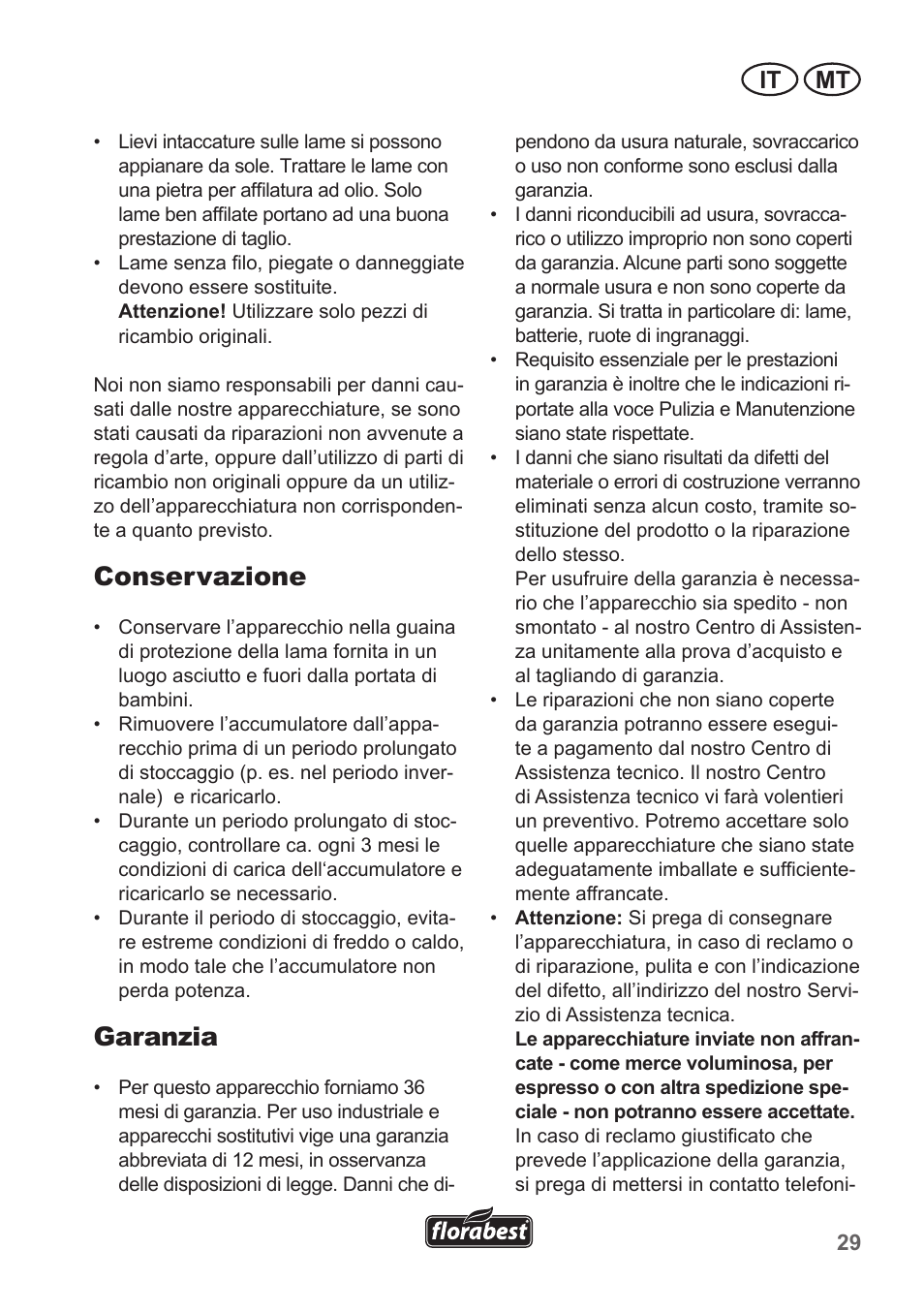 Conservazione, Garanzia, It mt | Florabest FGS 10 A1 User Manual | Page 29 / 78