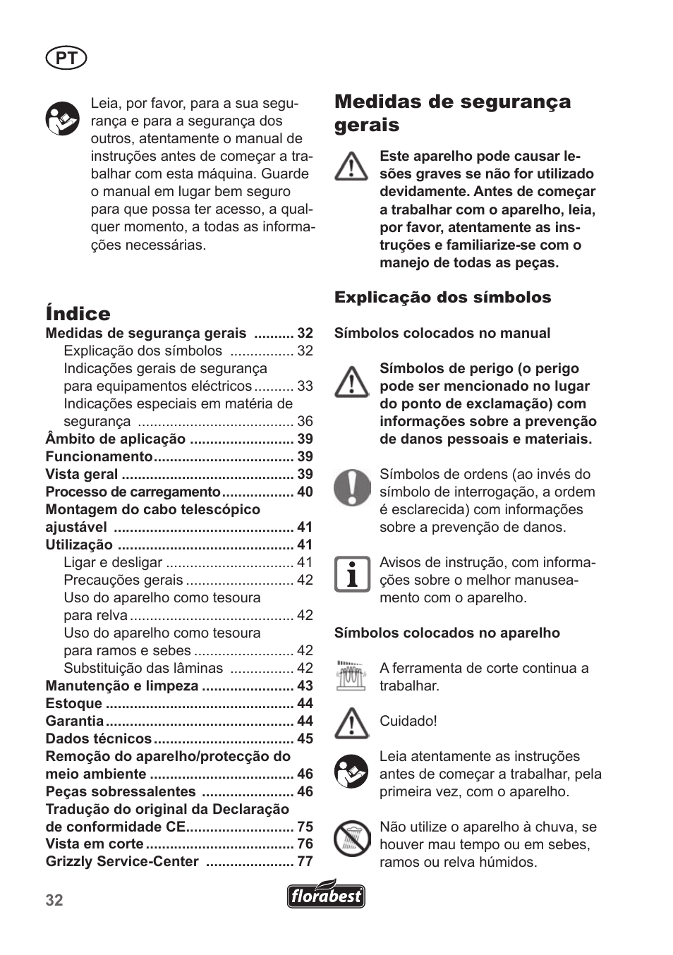 Medidas de segurança gerais, Índice | Florabest FGS 10 A1 User Manual | Page 32 / 78