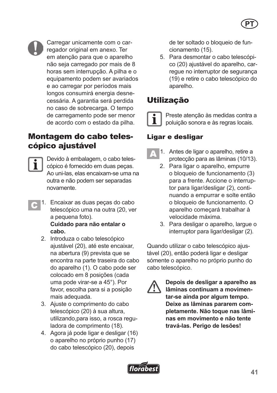 Montagem do cabo teles- cópico ajustável, Utilização | Florabest FGS 10 A1 User Manual | Page 41 / 78