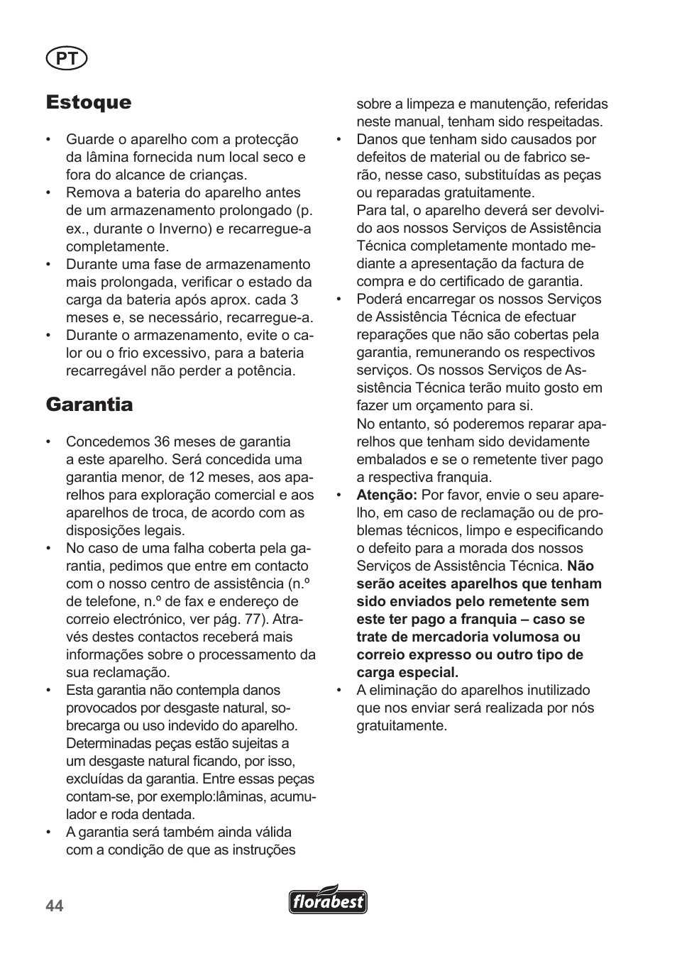 Estoque, Garantia | Florabest FGS 10 A1 User Manual | Page 44 / 78