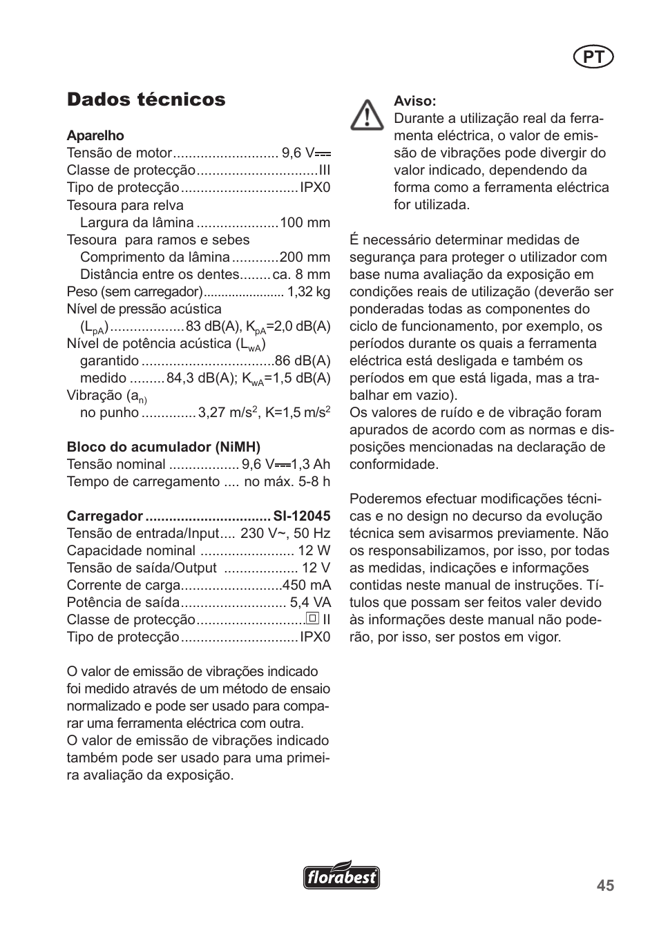 Dados técnicos | Florabest FGS 10 A1 User Manual | Page 45 / 78