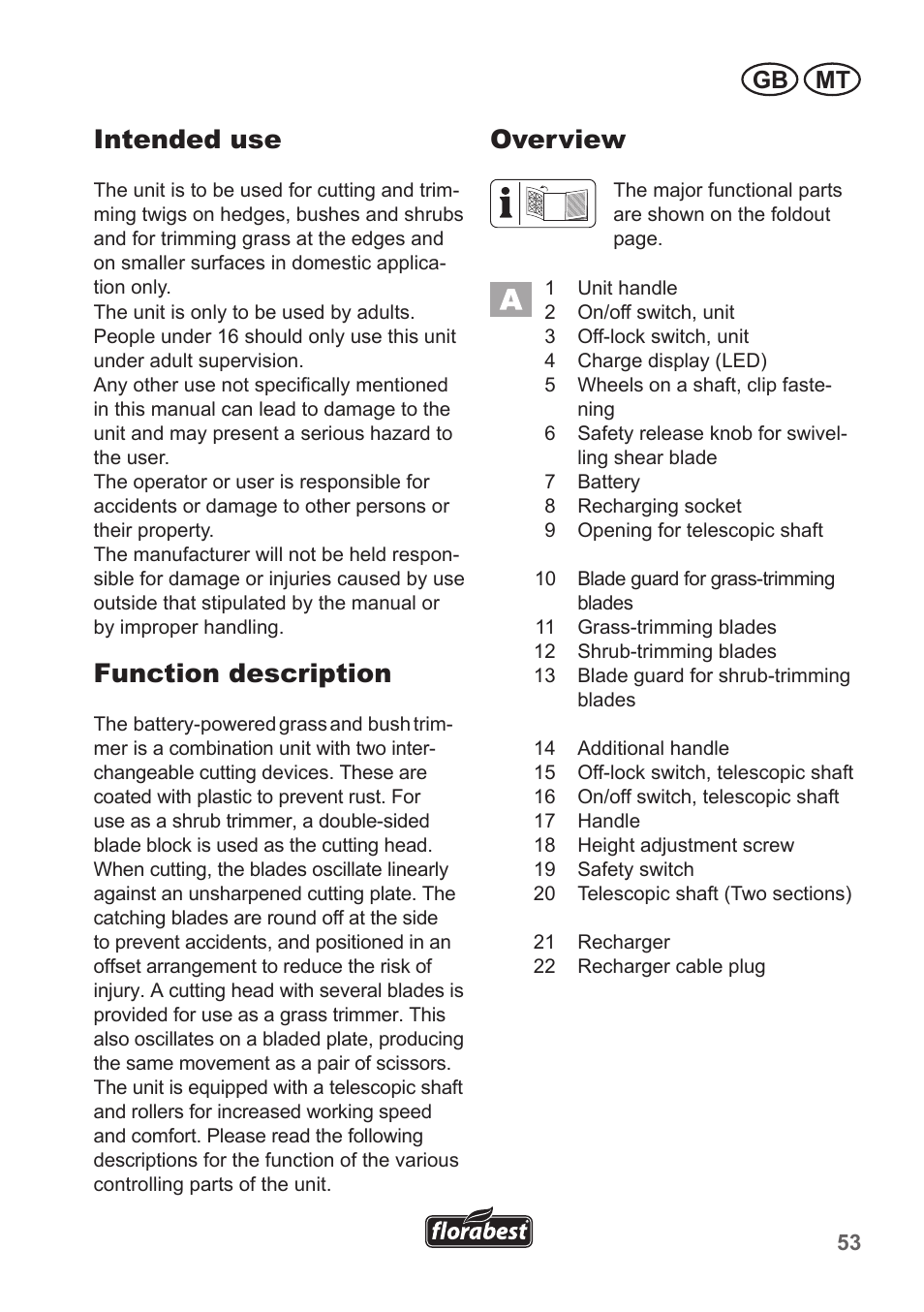 Intended use, Function description, Overview | Gb mt | Florabest FGS 10 A1 User Manual | Page 53 / 78