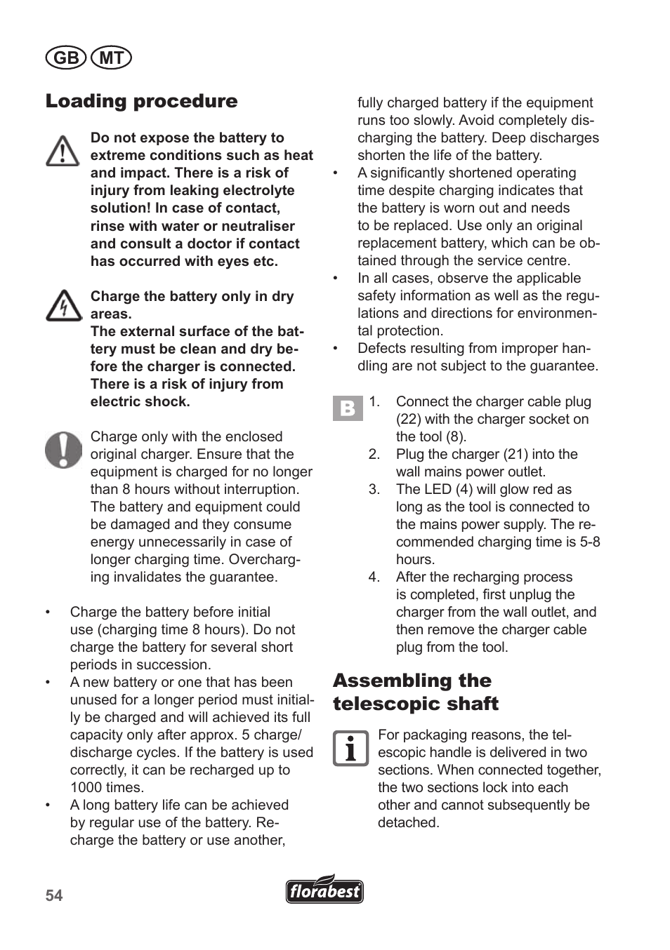 Loading procedure, Assembling the telescopic shaft, Gb mt | Florabest FGS 10 A1 User Manual | Page 54 / 78