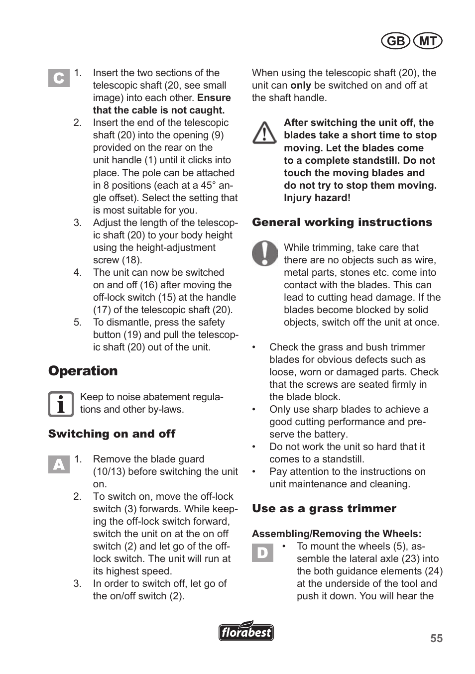 Operation, Gb mt | Florabest FGS 10 A1 User Manual | Page 55 / 78