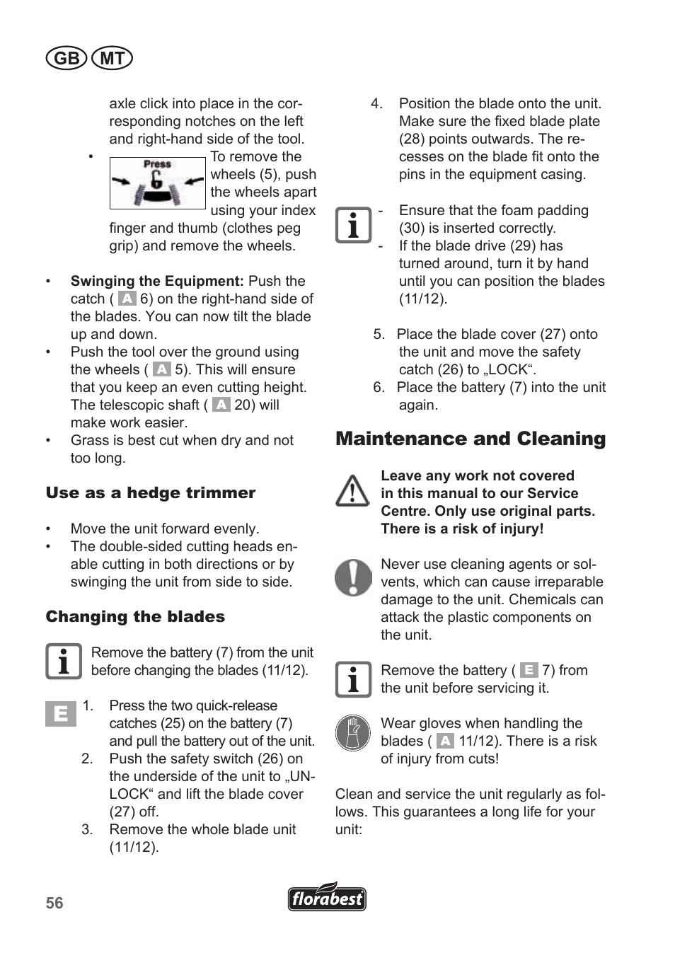 Maintenance and cleaning, Gb mt | Florabest FGS 10 A1 User Manual | Page 56 / 78