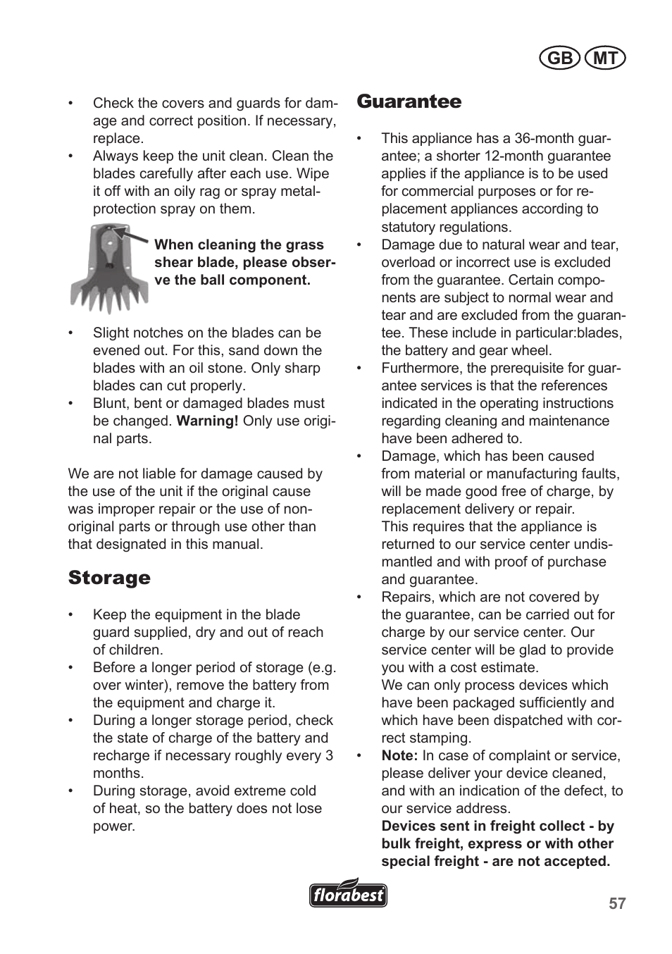 Storage, Guarantee, Gb mt | Florabest FGS 10 A1 User Manual | Page 57 / 78