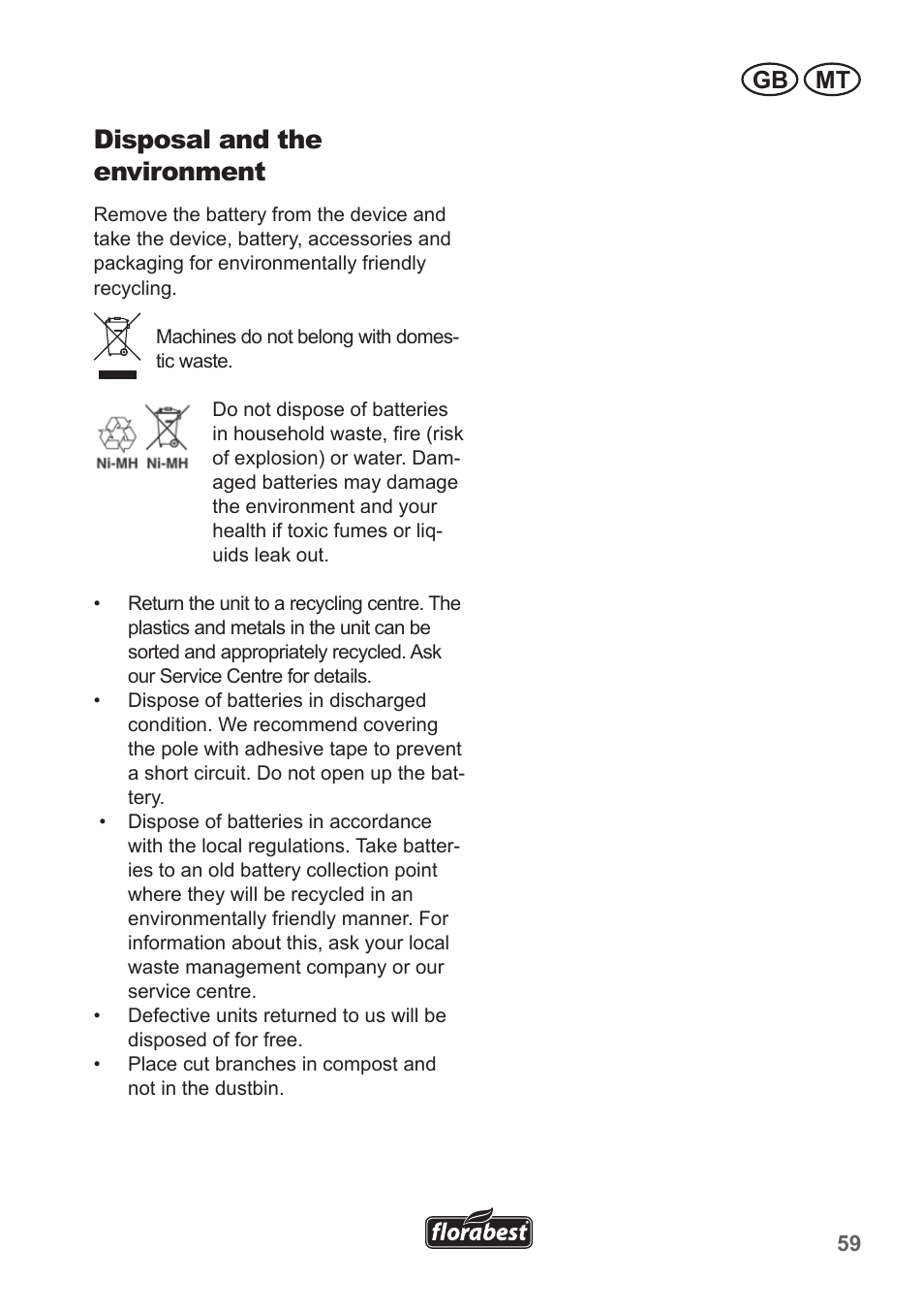 Disposal and the environment, Gb mt | Florabest FGS 10 A1 User Manual | Page 59 / 78
