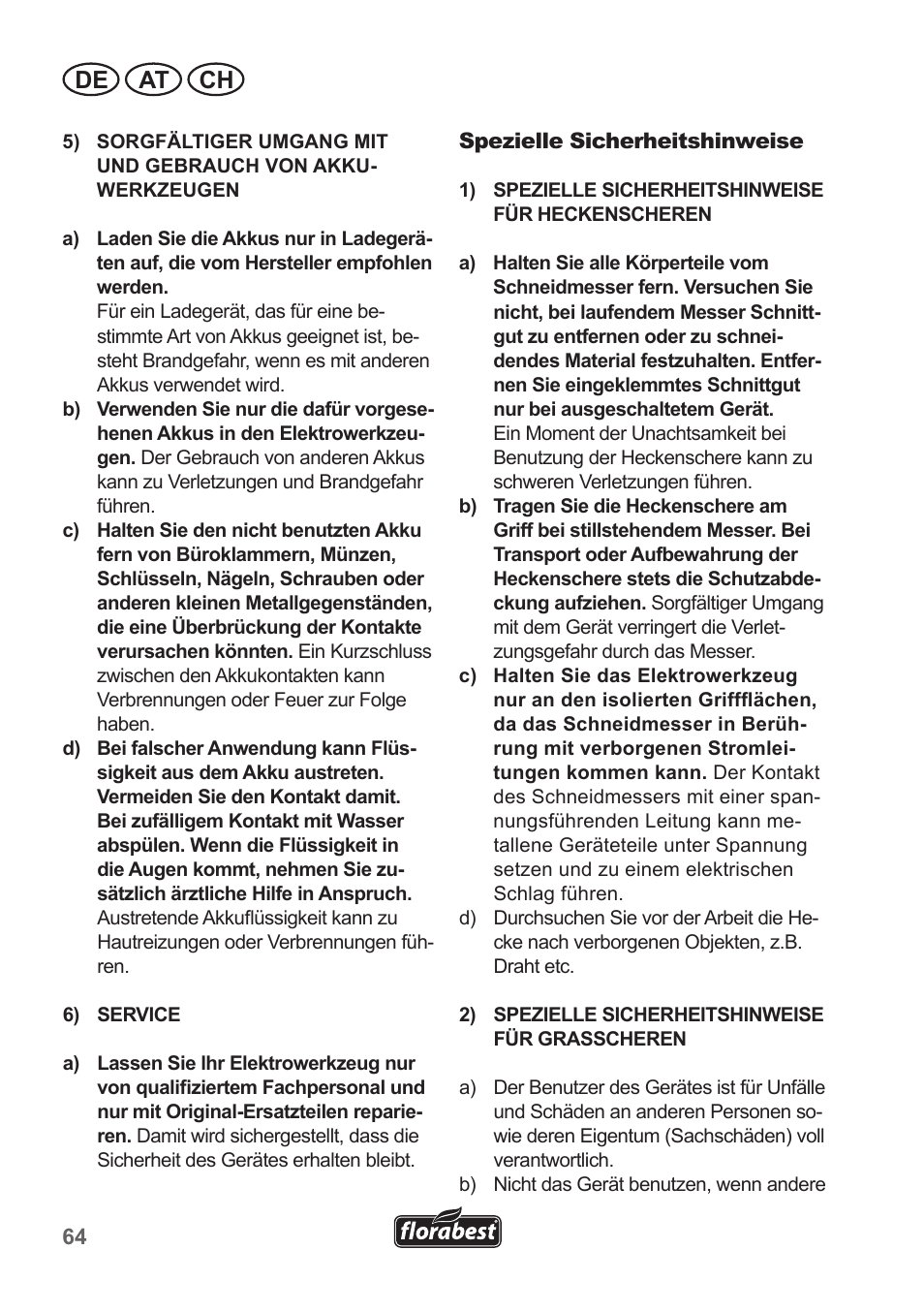 De at ch | Florabest FGS 10 A1 User Manual | Page 64 / 78