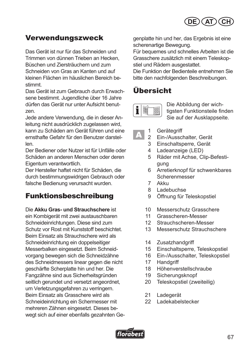 Verwendungszweck, Funktionsbeschreibung, Übersicht | De at ch | Florabest FGS 10 A1 User Manual | Page 67 / 78