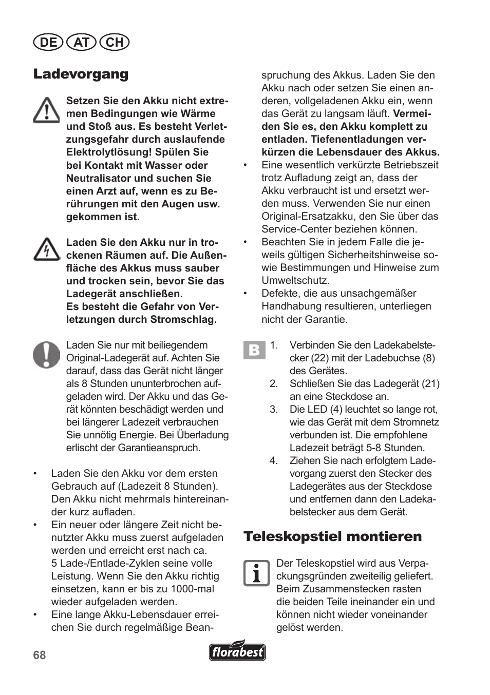 Ladevorgang, Teleskopstiel montieren, De at ch | Florabest FGS 10 A1 User Manual | Page 68 / 78
