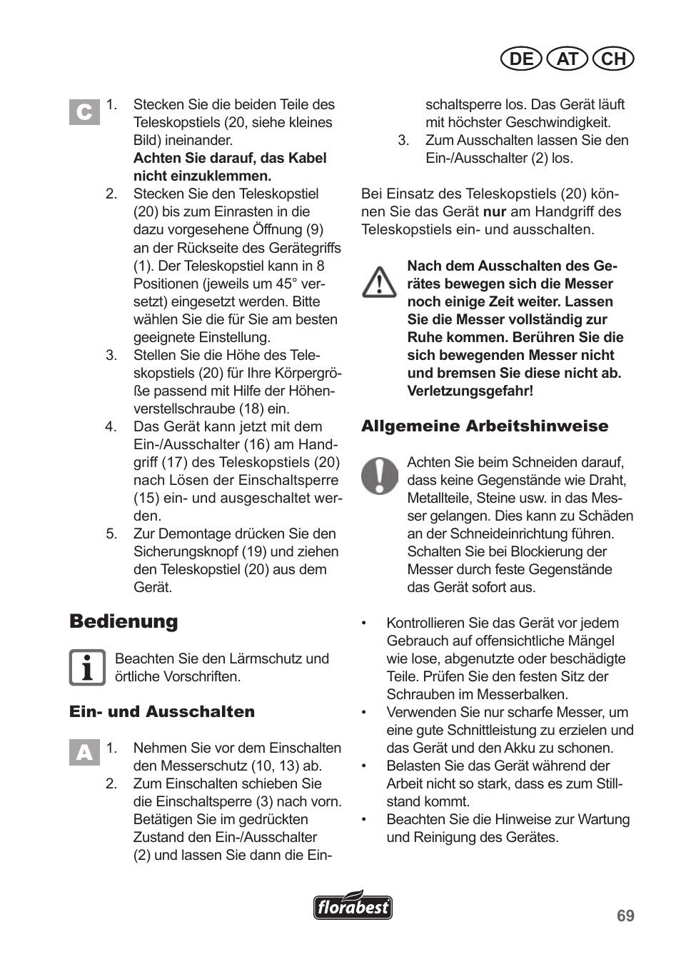 Bedienung, De at ch | Florabest FGS 10 A1 User Manual | Page 69 / 78