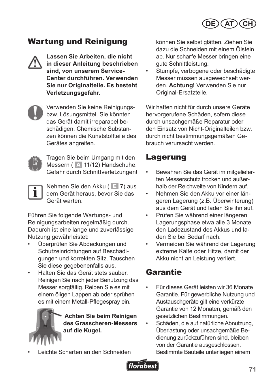Wartung und reinigung, Lagerung, Garantie | De at ch | Florabest FGS 10 A1 User Manual | Page 71 / 78