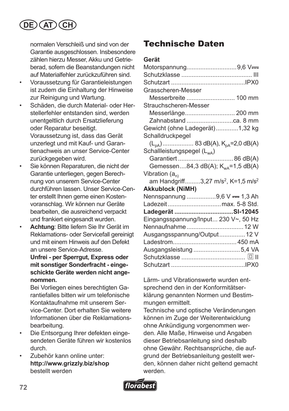 Technische daten, De at ch | Florabest FGS 10 A1 User Manual | Page 72 / 78